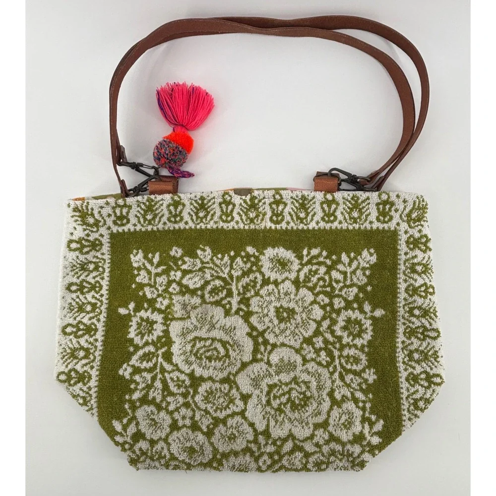SoL Revibe Shoulder Bag Green Floral Upcycled Hand Towel Cloth Tassel